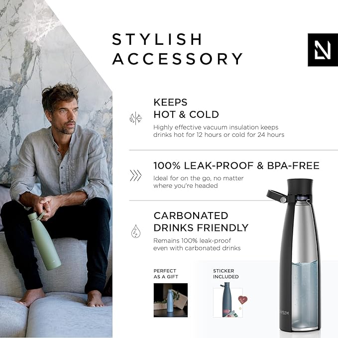 LARS NYSØM Stainless Steel Insulated Water Bottle 25oz 34oz | BPA-free Insulated Thermo Flask for Hot and Cold Beverages | Leakproof Drinking Bottle (Onyx Black, 25oz)