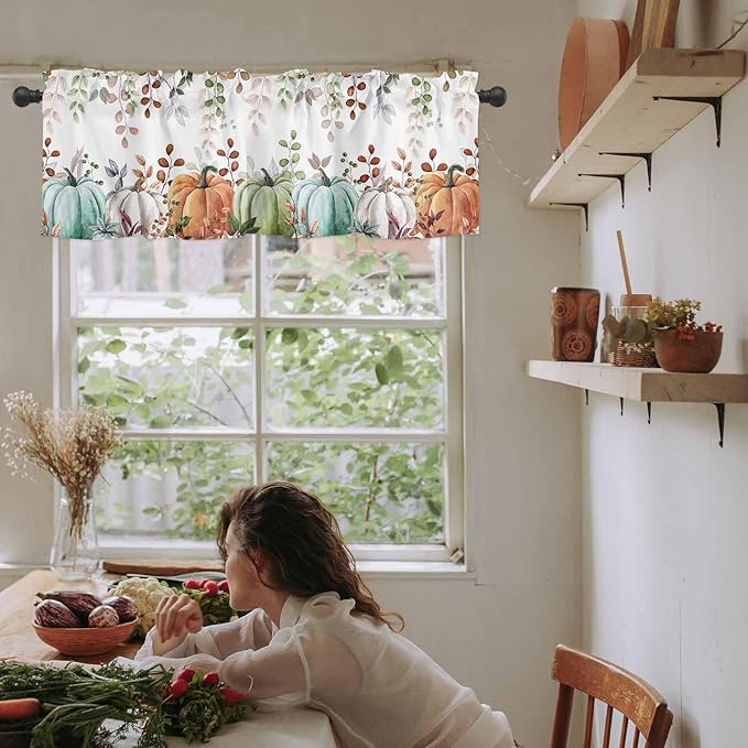 Fall Thanksgiving Kitchen Curtains Valances for Windows Autumn Pumpkins Eucalyptus Leaves Rod Pocket Window Treatment for Kitchen /Living Room/Bedroom/ Bathroom, 60" X 18", Blue Sage Green Orange