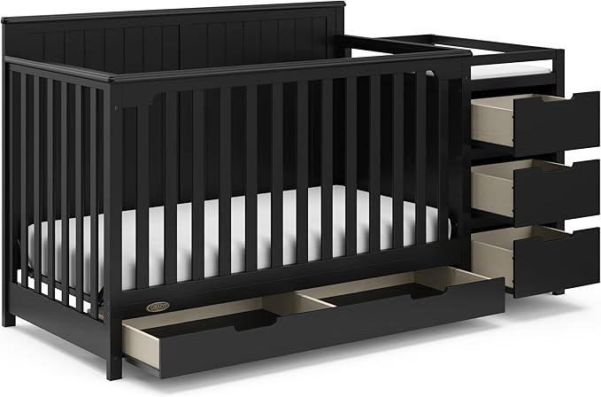 Graco Hadley 5-in-1 Convertible Crib and Changer with Drawer (Black) – GREENGUARD Gold Certified, Crib and Changing Table Combo with Drawer, includes Baby Changing Pad, Converts to Full-Size Bed