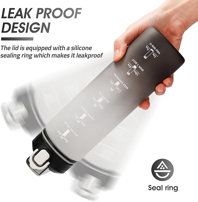 Motivational Water Bottle with Time Marker- 32oz Water Bottles with Times to Drink, Leakproof & BPA Free Sports Water Bottle with Straw & Carry Strap for Fitness, Gym, and Outdoor Sports