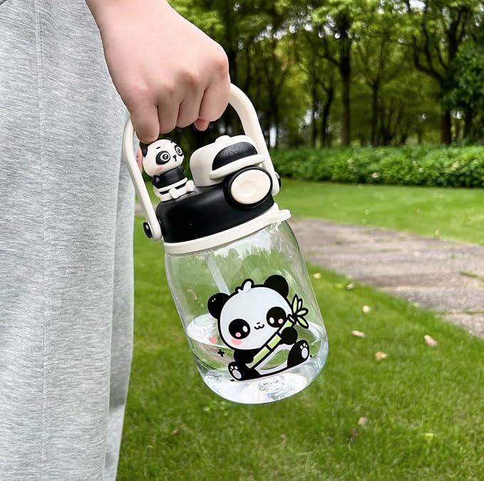 Black Leak-Proof Water Bottle with Flip Top BPA Free Reusable Plastic Drinking Bottle for School, Gym and Workout (Panda), Clear