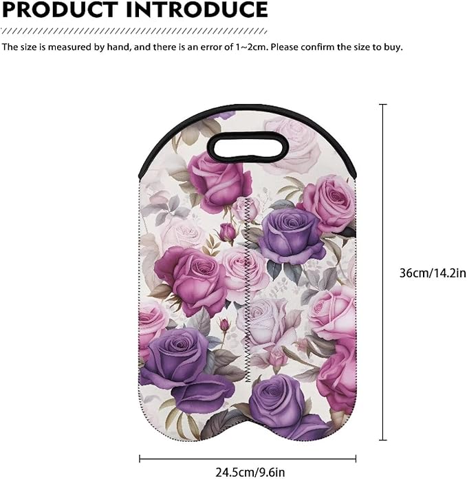 doginthehole 2 Bottle Wine Carrier Bag, Retro Purple Pink Rose Pattern Neoprene Wine Tote Bag with Handle, for Travel, Wine Tasting Party, Champagne/Beer/Drinks Carriers Bag for Wine Lover