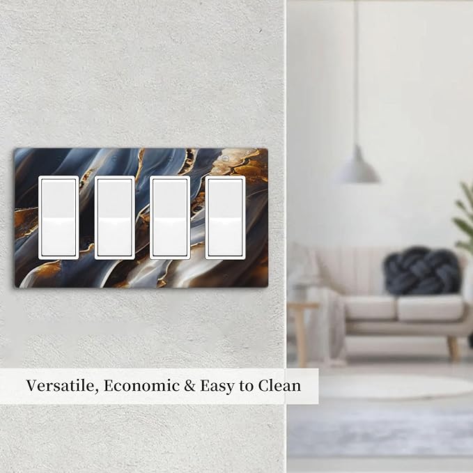 Gradient Abstract Ripple Blue Gold Marble Printed 4 Gang Rocker Decora Light Switch Cover Outlet Covers Wall Plate Decorative Switchplate Electrical Faceplate GFCI for Kitchen Bathroom Bedroom Decor