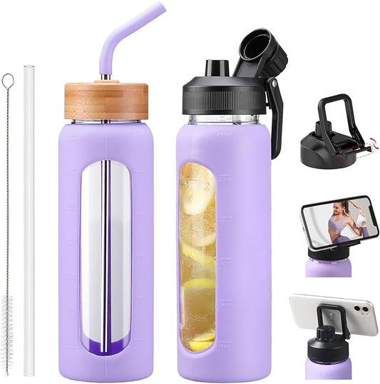 Glass Water Bottles with Straw -24oz- Water Bottle Phone Holder for Gym Sports Water Bottles with Silicone Sleeve Glass Drinking Bottles 2 Lids - Spout & Bamboo Straw Lid(Purple)