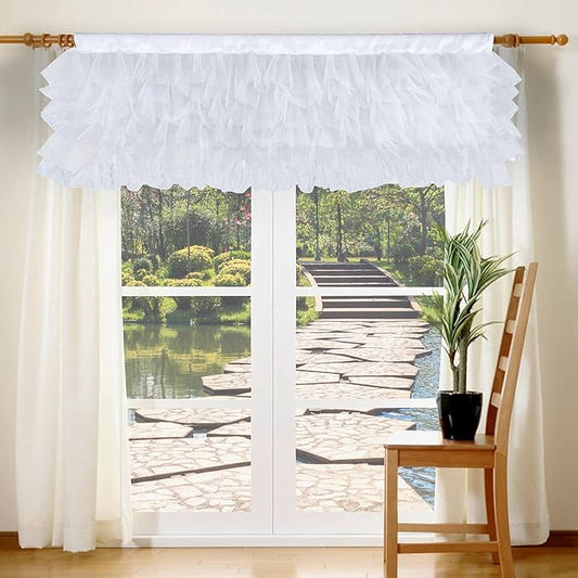 White Tulle Valance Ruffle Kitchen Valance for Bathroom Bedroom Coffee Shop Kids Nursery Room Window 52×16 inch