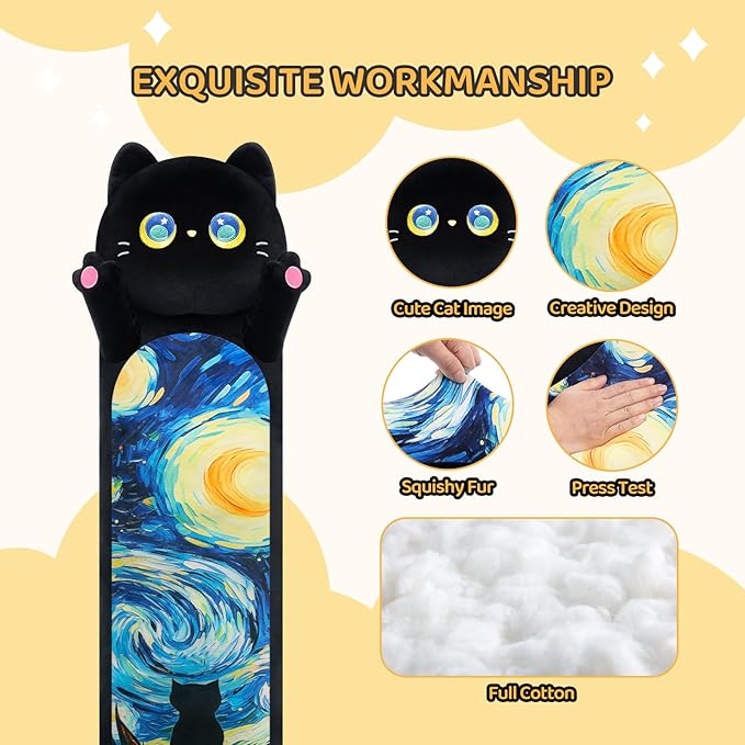 Long Cat Plush Kawaii Kids Plush Toy Pillows, Cute Black Cat Stuffed Animals Soft Plushies, Kitten Big Plush Toys Throw Body Pillow Doll Gift for Girls Boys (Black Starry Cat 44 Inch)