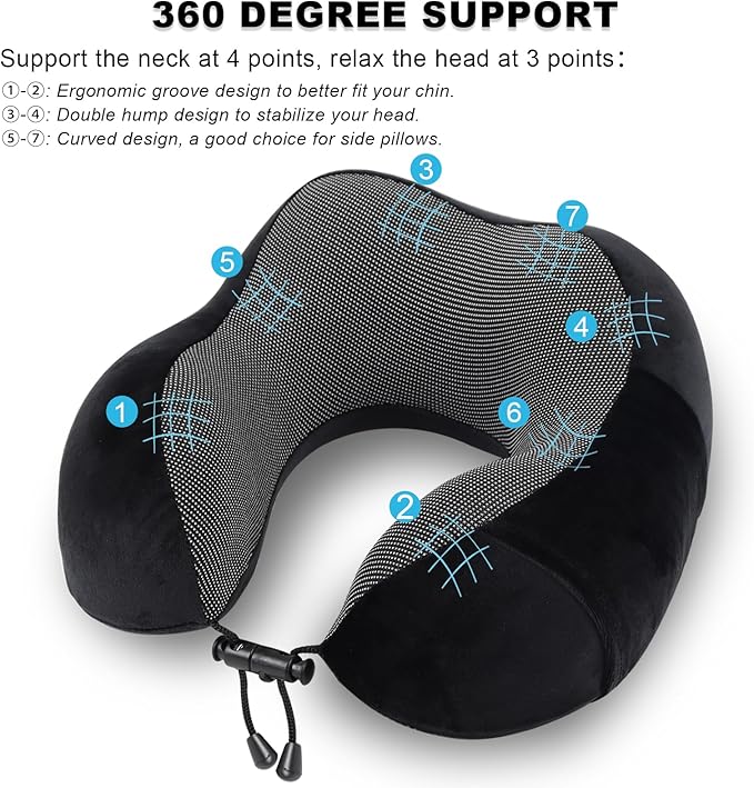 Pure Memory Foam Travel Pillow Set for Adults - Comfortable & Breathable Removable Cover, Airplane Travel Kit with Eye Mask & Portable Storage Bags for Plane Accessories - Black