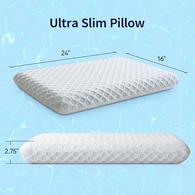Ultra Thin Pillow 2.75" Stomach Sleeping, Gel Memory Foam Flat Pillow for Stomach and Back Sleepers, Slim Design Memory Foam Pillow with Two-Sided (CertiPUR-US, Standard Size)
