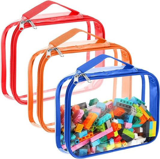 Sanwuta 3 Packs Toy Storage Bags with Zipper, Clear PVC Organizing Bags, Waterproof Toy Bags for Board Games, Building Blocks, Toys and Kids Books (Red, Blue, Orange,12.6 x 9 x 2.36 Inch)