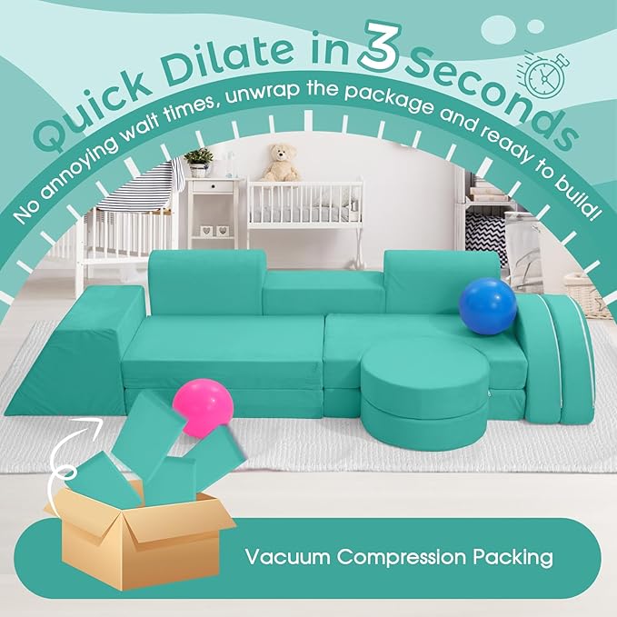 Modular Kids Sofa Play Couch, 12-Piece Kids Couch Sectional Sofa for Playroom Fort Buliding, 3S Instant Rebound and Fully Expand, Versatile Kids Play Couch for Toddler to Teen