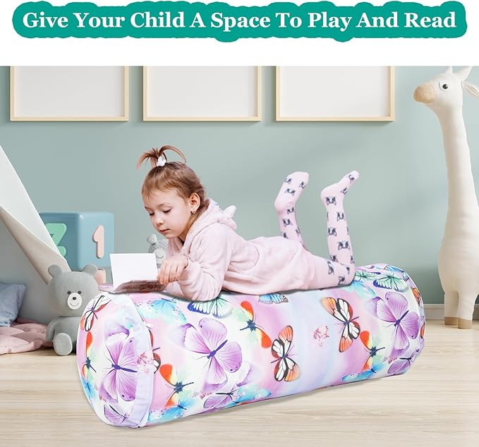 Stuffed Animal Bean Bag Storage Chair for Kids Cover Only (No Filler), Organize, Sit, Play & Boxing, 100% Cotton Canvas Washable, Ultra Soft Cylinder Long Vertical Zipper Best Gift for Child