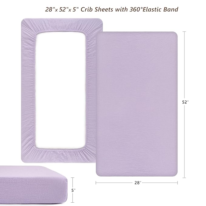 TILLYOU 2 Pack Muslin Crib Sheet for Boys and Girls - 100% Cotton Fitted Crib Sheet for Toddler Standard Crib Mattress, Soft and Breathable, 52"x28"x8",Light Purple&Light Pink