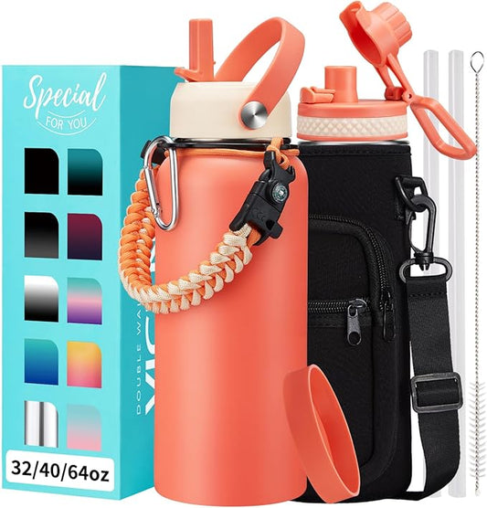 Insulated Water Bottle 32oz with Straw - Pop-up Spout Lid, Paracord Handle, Strap Shoulder Carrier, Protective Boot, Wide Mouth Triple Walled Vacuum Stainless Steel Water Flask for Men Women Gym