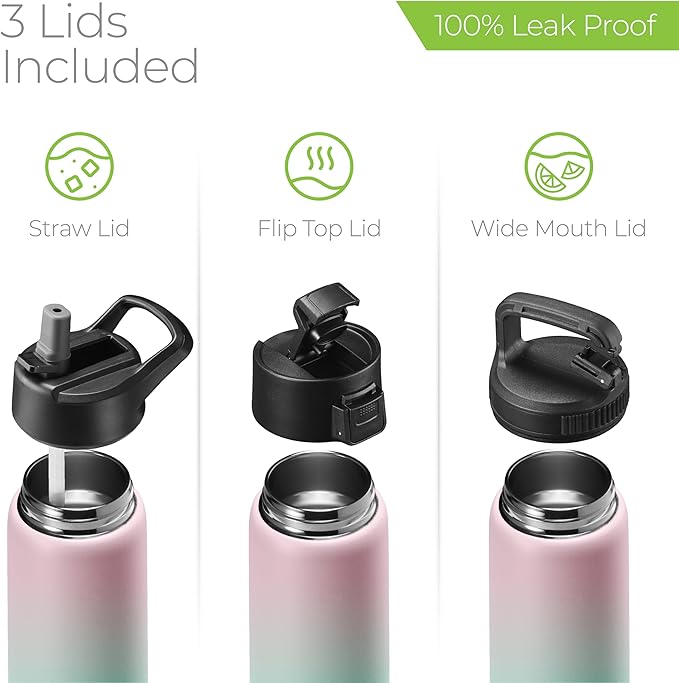 SipX™ Triple-Insulated Stainless Steel Water Bottle 25oz. With 3 Lids, BPA-Free Reusable Insulated Water Bottle Keeps Cold 24 Hours, Metal Water Bottle Made Of Sustainable Material For Hiking & Biking