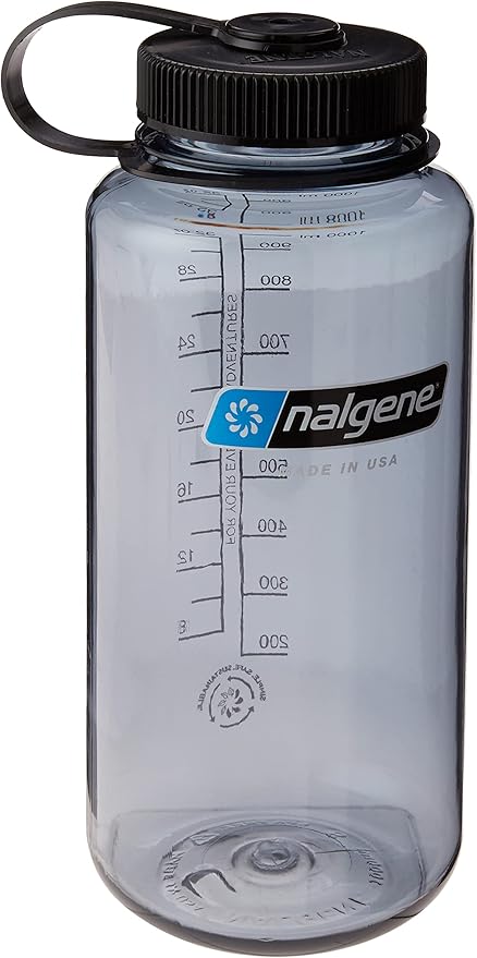 Nalgene Sustain Tritan BPA-Free Water Bottle Made with Material Derived From 50% Plastic Waste, 32 OZ, Wide Mouth, Gray w/ Black Lid