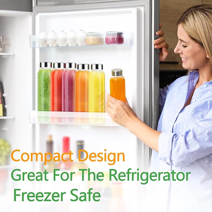 Glass Juice Bottles with Lids for Juicing 18 oz, Reusable Clear Glass Water Bottles with Stainless Steel Airtight Cap for Refrigerator, 100% Leak Proof, BPA Free, Set of 6