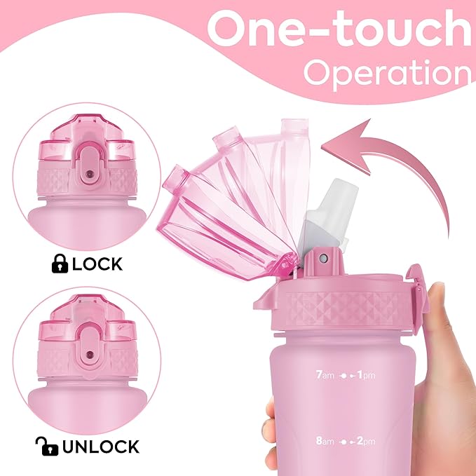 OLDLEY Water Bottle with Straw & Chug Lid for Kids Girls Child, 15 oz Leak-Proof BPA-Free Motivational Water Bottles with Time Marker for School Travel Sports Gym, 2 Lids, Candy Pink