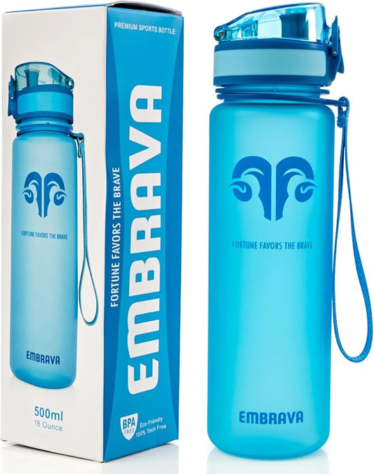 Embrava Best Sports Water Bottle - 17oz Small - Eco Friendly & BPA-Free Plastic - For Running, Gym, Yoga, Outdoors and Hiking - Fast Water Flow, Flip Top, Opens With 1-Click - Leak-proof Lid