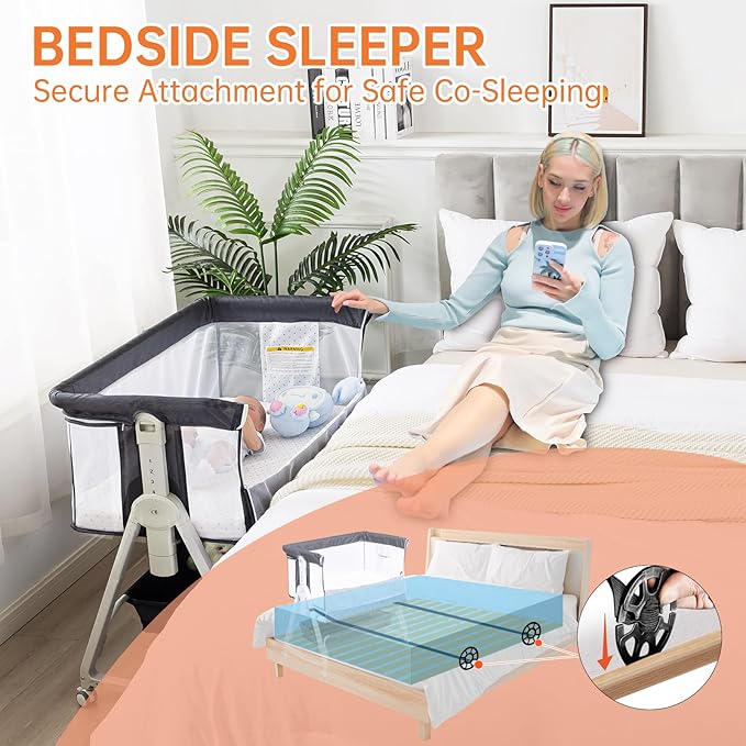 Multifunctional 3-in-1 Baby Bassinet for Bedside Sleep, Nursing & Rocking - Adjustable Height, Breathable Mesh, Portable Design with Mosquito Net, Safe & Supports Independent Sleep (Black)