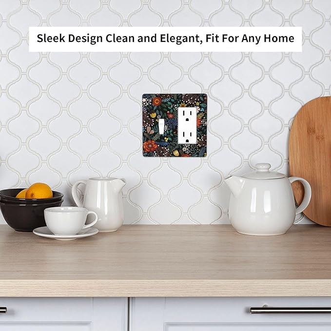 Vintage Colorful Flower Boho Floral Rustic Dark Leaves 2 Gang Single Toggle Rocker Combination Light Switch Covers Wall Plate Cover Electrical Faceplate Decorative Switchplate for Farmhouse Bedroom