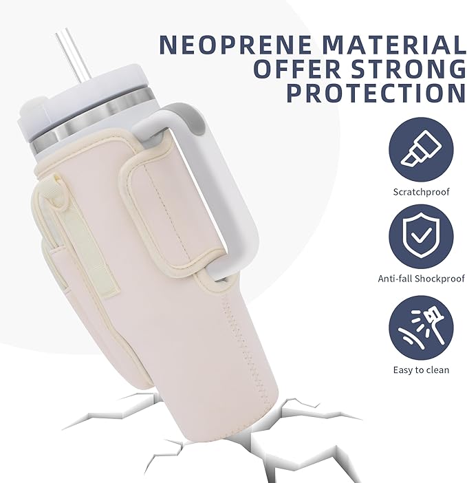 Water Bottle Carrier Bag with Phone Pocket for Stanley 40 oz Tumbler Neoprene Water Bottle Holder Pouch with Adjustable Strap Bollus with Straw Cover & Carabiner for Stanley Cup Accessories