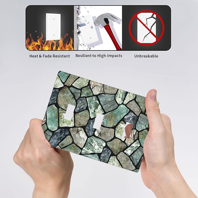Green Stone Texture Triple Toggle Light Switch Wall Plate Cover Decorative 3-Gang for Room Bathroom Bedroom Home Kitchen Three Lightswitch Polycarbonate 4.5" x 6.38"