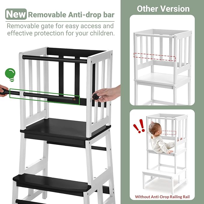 COSYLAND Kids Kitchen Step Stool, Toddler Standing Tower with CPC & FSC Certification, Removable Anti-Drop Railing Safety Rail Enjoys Unique Patented Design A Anti-tip Stable Structure Black & White