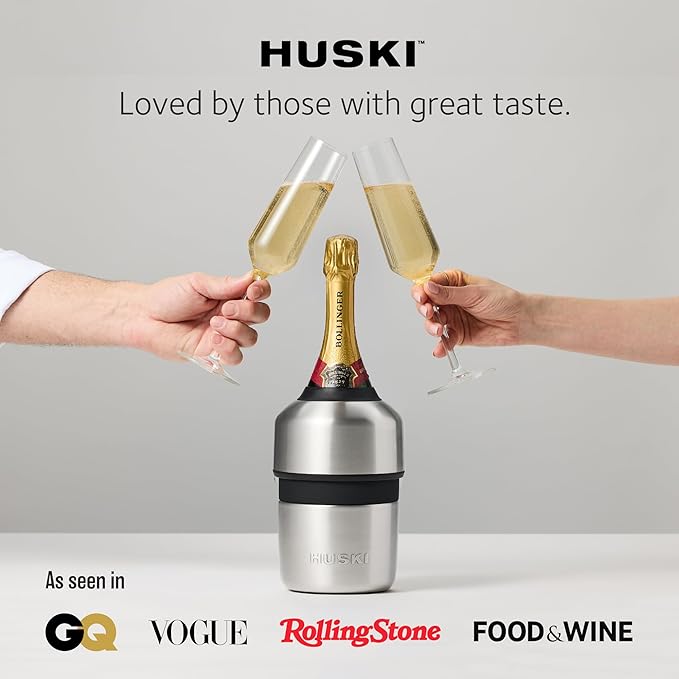 Huski Champagne Chiller | New | Award-Winning Iceless Design with Detachable Bottle Stopper | Keeps Wine Cold up to 6 Hours | Fits Most 750ml Champagne, Prosecco & Sparkling Wine Bottles (Stainless)