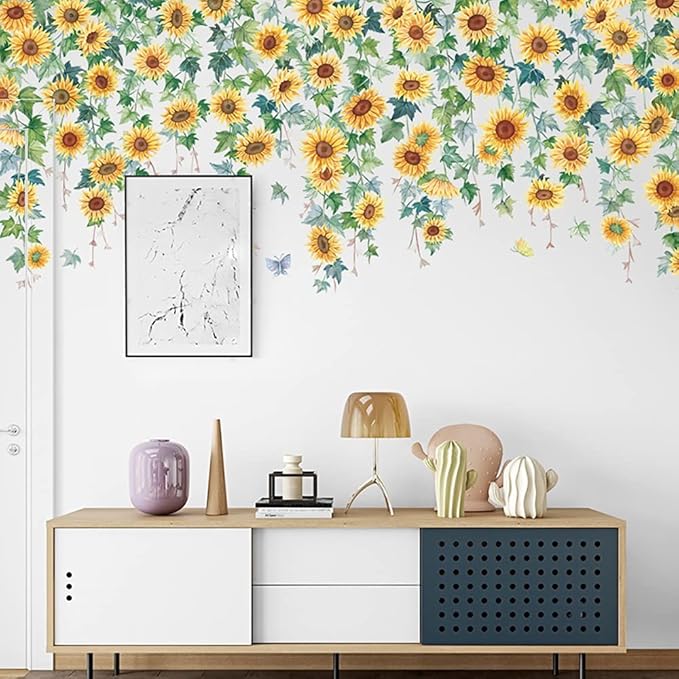 Runtoo Sunflower Wall Stickers Hanging Vines Floral Wall Art Decal for Kitchen Girls Bedroom Bathoom Kids Wall Decor