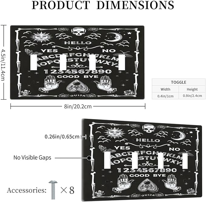 Black Witchy Skeleton Skull Gothic Sun Moon Quad Toggle Novelty Light Switch Covers Decorative Unique 4 Gang Wall Plate Electrical Faceplate Switchplate for Bedroom Bathroom Decor
