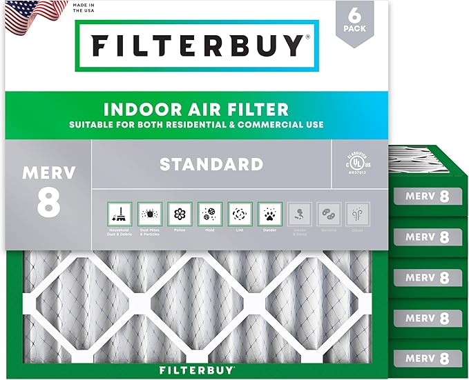 Filterbuy 10x10x2 Air Filter MERV 8 Dust Defense (6-Pack), Pleated HVAC AC Furnace Air Filters Replacement (Actual Size: 9.50 x 9.50 x 1.75 Inches)