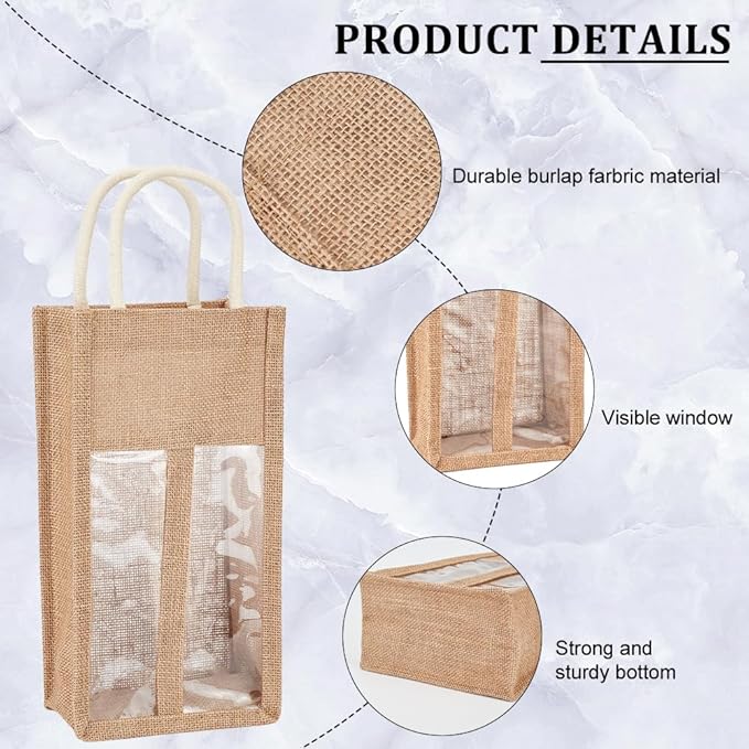 BENECREAT 3 Packs Burlap Wine Bottle Bag Jute Wine Tote Gift Bag with 2 Clear Window and Handle for Wedding Birthday Festivals Souvenir Packaging Wine Gift Packaging (Double Bottles)