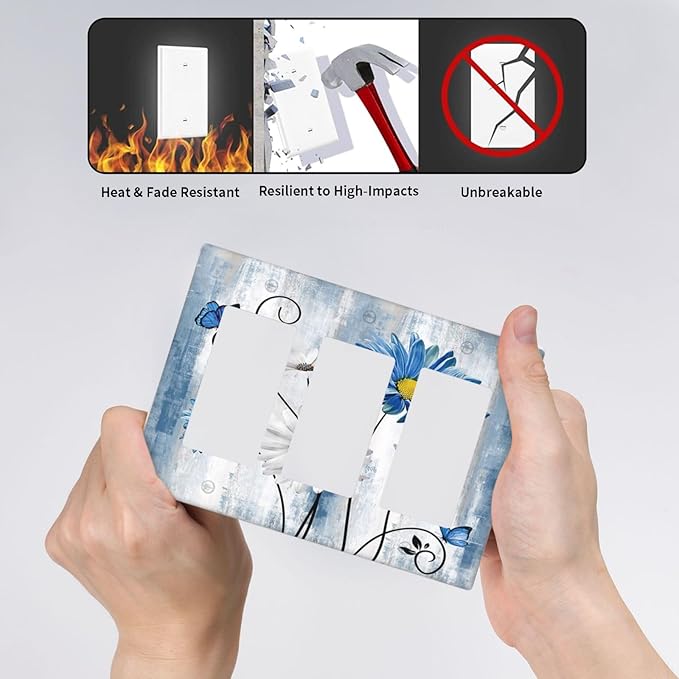 Rustic Teal Blue Daisy Floral 3 Gang Rocker Light Switch Covers Triple Outlet Wall Plate Decorative Switchplate Cover Faceplate GFCI for Country Bathroom Bedroom Kitchen Decor