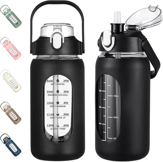kytffu 42oz Glass Water Bottles with Straw, Motivational Glass Bottle with Silicone Sleeve and Time Marker, Leakproof Large Glass Water Jug for Gym Home Office,Black