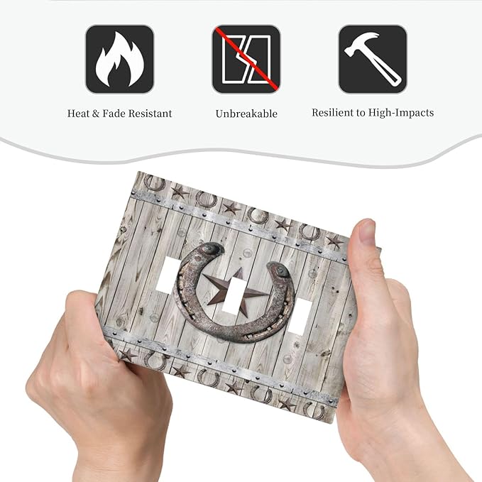 Rustic Western Wood Barn Door Horseshoe Iron Star 3 Gang Light Switch Covers Triple Toggle Wall Plate Decorative Switchplate Electrical Faceplate for Farmhouse Country Bedroom Decor