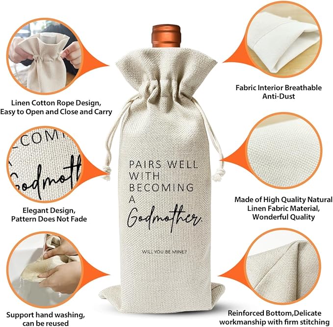 Godmother Poposal Gift, Wine Bag for Wine Bottle Gift, Becoming A Godmother, Baptism Decor, Pregnancy Announcement or Baby Announcement Gift for New Godmother, Baby Shower or Party Favor