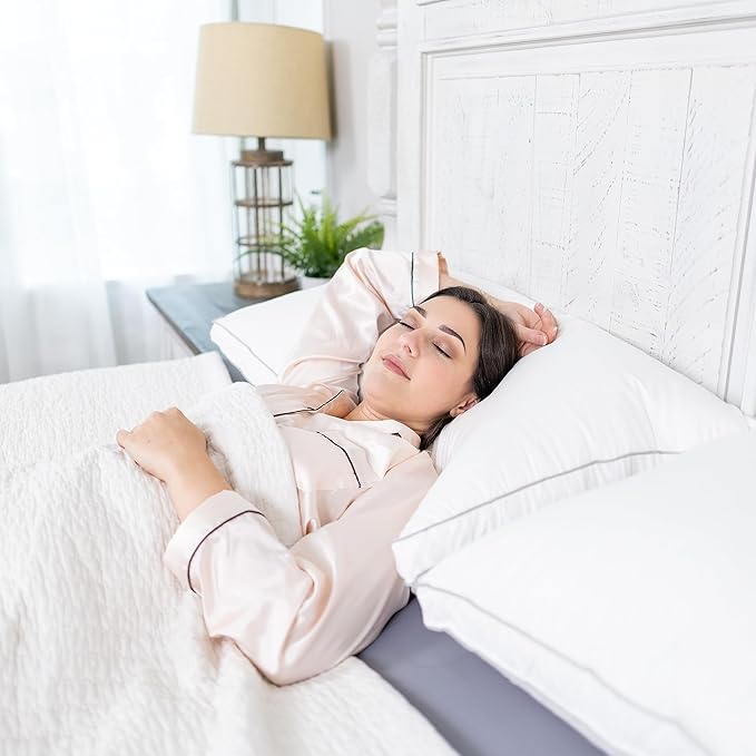 Globon Luxury Feather Down Pillow, Low Soft Fluffy Pillow Standard Queen Size, Gusseted Bed Pillows for Sleeping, Hotel Collection Pillows 18"X26", Set of 2