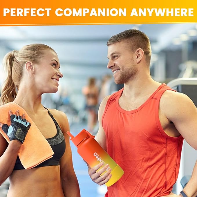 Water Bottle 32oz, Triple Walled Insulated Stainless Steel Reusable Bottle, Silicone Sleeve, Cleaning Brush, 2 Lids (Spout lid & Straw lid w/2 straw), Metal Mug Gallon, BPA Free, Sunset