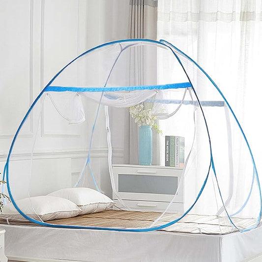 Pop Up Bed Net Tent for Bedroom with Net Bottom, Portable Double Door Travel Folding Design Bed Canopy, Foldable (79 x71x59 inch-Blue)