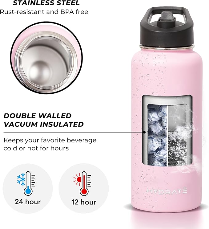 HYDRATE Insulated Stainless Steel Water Bottle - Large Reusable Flask with Leak-Proof Design and Convenient Handle - Double Vacuum Insulation for School, Work, or Adventure