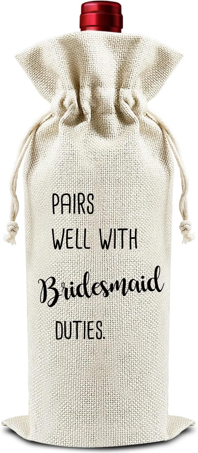 Pairs Well with Bridesmaid Duties - Gifts for Maid of Honor Wine Bags, 1 PC Reusable Drawstring Burlap Wine Bottle Bags, Wedding Gifts for Women Ladies, Bridal Shower Party Decorations -14