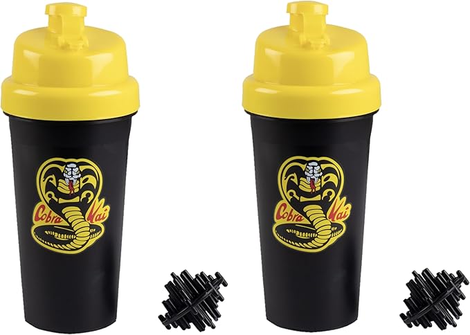 Cobra Kai Shaker Bottle with Blender Mixer Ball, 25oz, 2-Pack - Blend Protein Powder, Sports Drinks, Shakes, Smoothies & More - Officially Licensed - Season 6 Karate Kid Gift for Kids, Teens, Adults