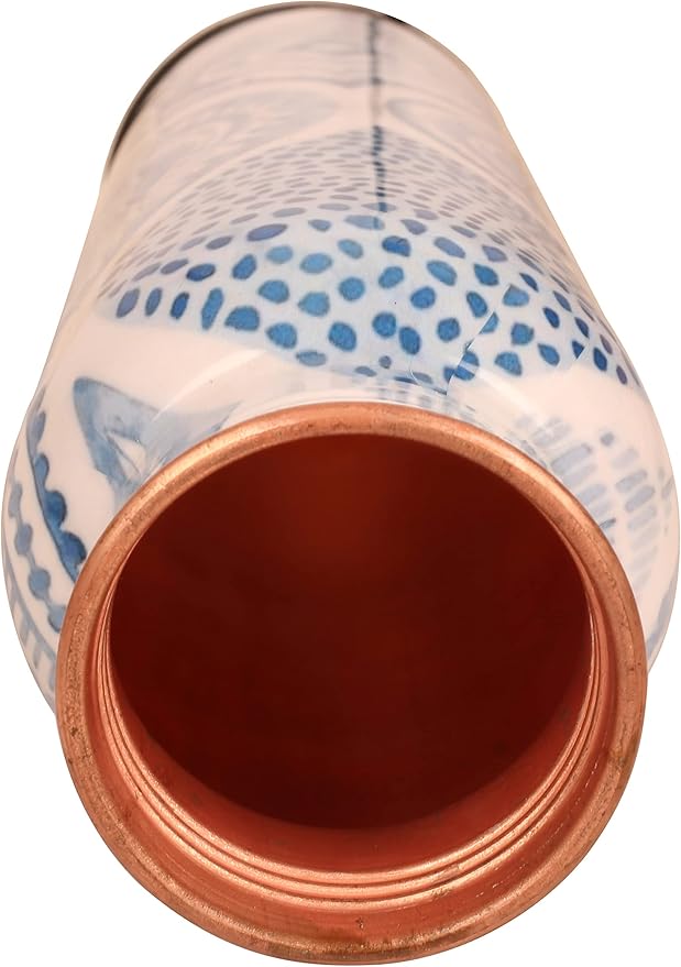 Pure Copper Water Bottle - Handcrafted - Ayurveda health benefits - Large 35 oz - Leak proof - Easy to carry for Sports, Fitness, Yoga, School - Sky Blue Artistic Patterns Enamel