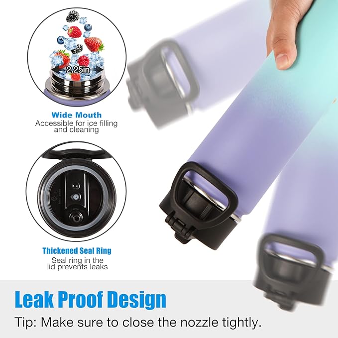 Volhoply 24 Ounce Insulated Water Bottle With Straw Lid,Stainless Steel Wide Mouth Sport Bottles With Handle,Double Wall Vacuum Thermos keep Cold,Reusable Travel Thermal Cups For Holder(Purple Blue,1)