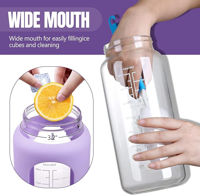 MUKOKO 64oz BPA Free Glass Water Bottle with Straw, Half Gallon, Wide Mouth, Time Marker, Silicone Sleeves, Ideal for Sports, Travel, Running, Camping, Purple