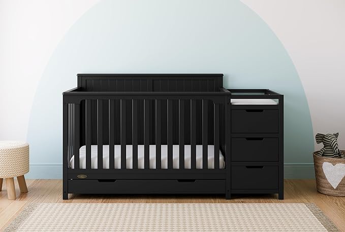 Graco Hadley 5-in-1 Convertible Crib and Changer with Drawer (Black) – GREENGUARD Gold Certified, Crib and Changing Table Combo with Drawer, includes Baby Changing Pad, Converts to Full-Size Bed