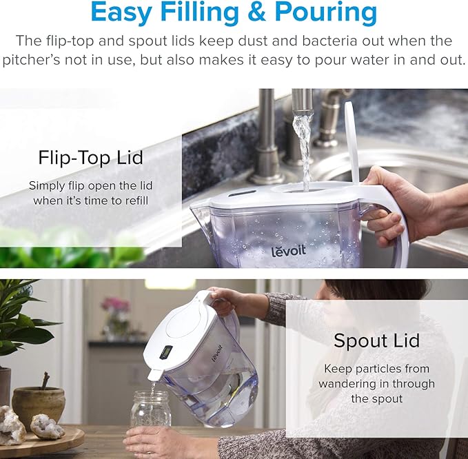 Levoit LV110WP Water Filter Pitcher for Tap and Drinking Water with 1 Standard Filter, Lasts 2 Months, 10 Cups Capacity, BPA Free, White