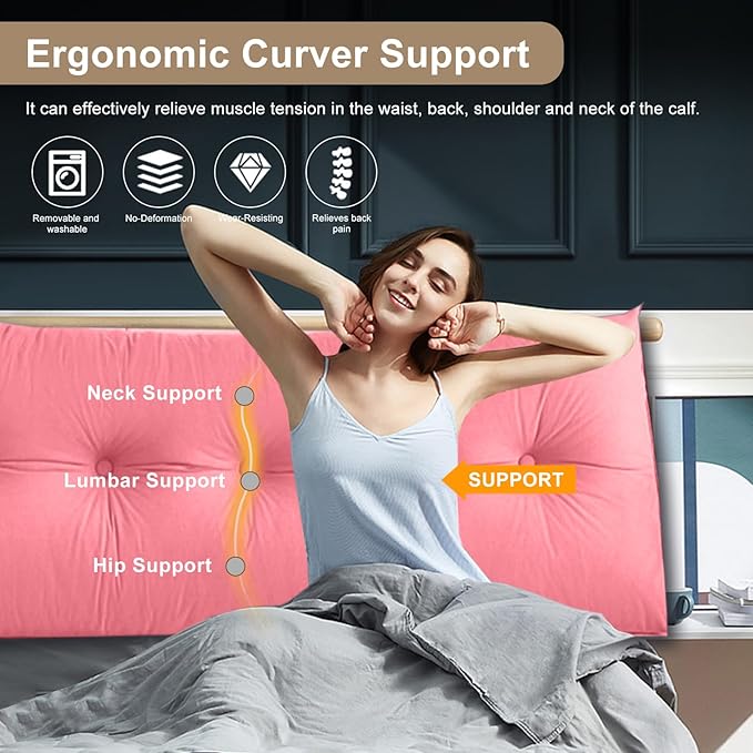 Large Triangular Headboard Pillows Long Backrest Positioning Support Bolster Cushion for Daybed Fluffy Quality Plush Body Wedge Pillow with Removable Cover(Pink -Twin/Twin XL-39x8x20 in)