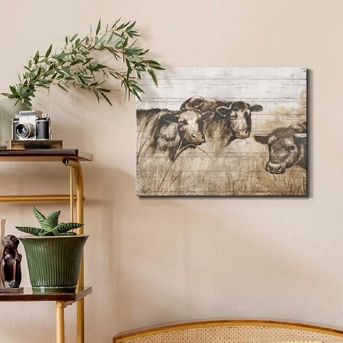 Renditions Gallery Canvas Animal Wall Art Modern Decorations Paintings Vintage Sepia Cows Abstract Black & White Farmhouse Artwork Prints for Bedroom Office Kitchen - 8"x12" LT33