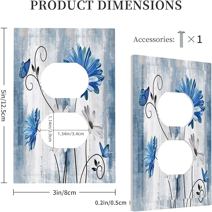 Rustic Teal Blue Daisy Floral Single Duplex Wall Plate Covers Light Switch Cover 1 Gang Outlet Plate Decorative Switchplate Covers Electrical Faceplate for Country Bathroom Bedroom Kitchen Decor